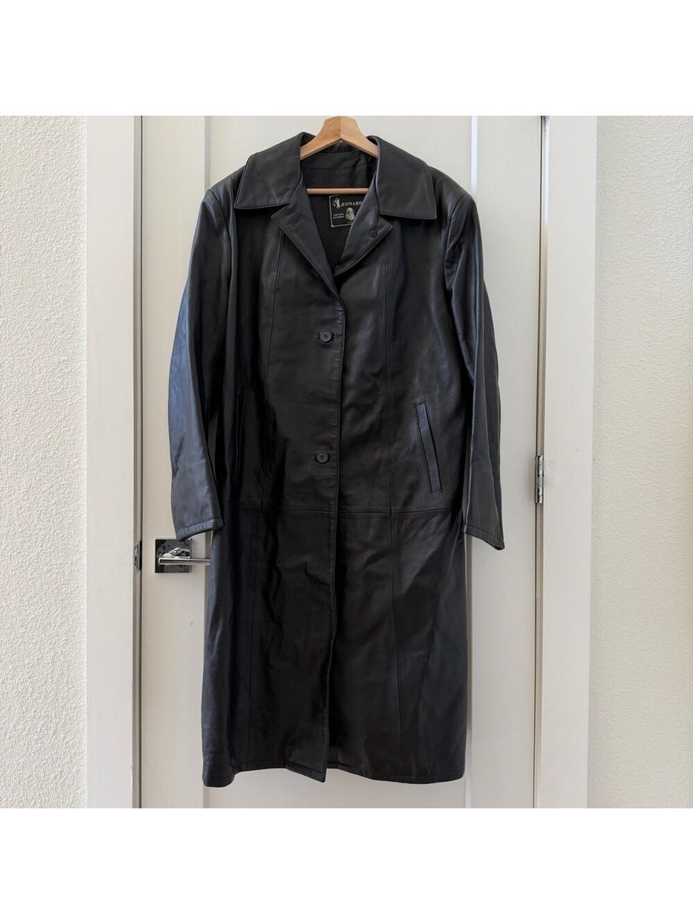 Vintage Leonardo Leather Jacket COAT Black Overcoat Midi Unisex Coat Size 50
